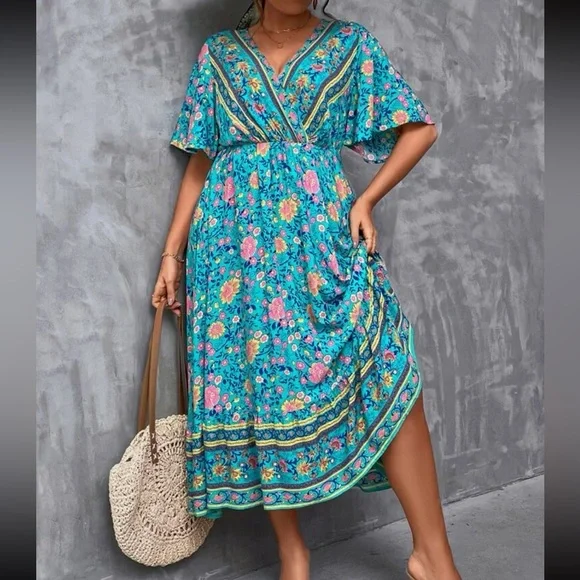 Dresses | Plus Size Floral Print Butterfly Sleeve Ruffle Hem Maxi Dress |  Poshmark